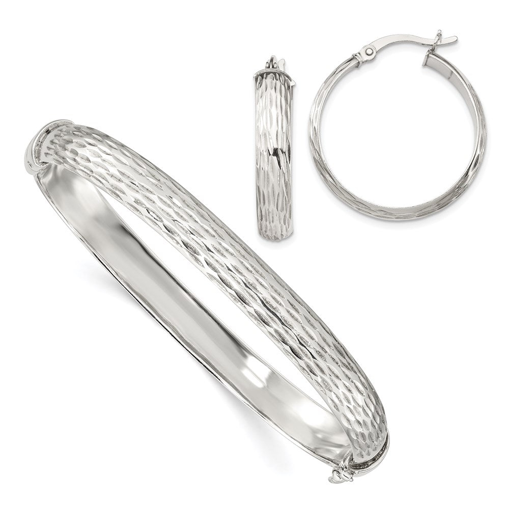 Sterlingsilber Diamantiert 7.5mm Armreif und 5mm Creole Ohrring Set