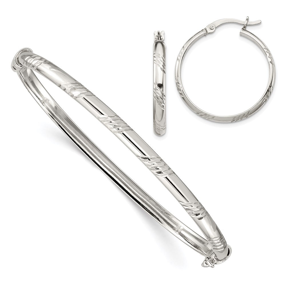 Sterlingsilber Diamantiert 4mm Armreif und 3mm Creole Ohrring Set