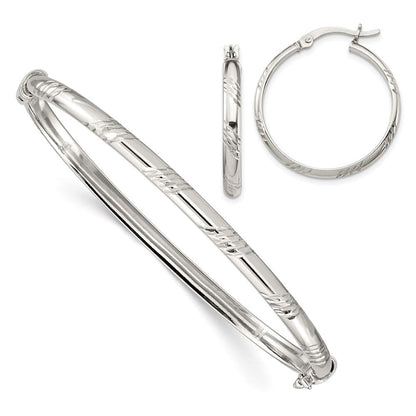 Sterlingsilber Diamantiert 4mm Armreif und 3mm Creole Ohrring Set