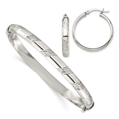 Sterlingsilber Diamantiert 6mm Armreif und 4mm Creole Ohrring Set