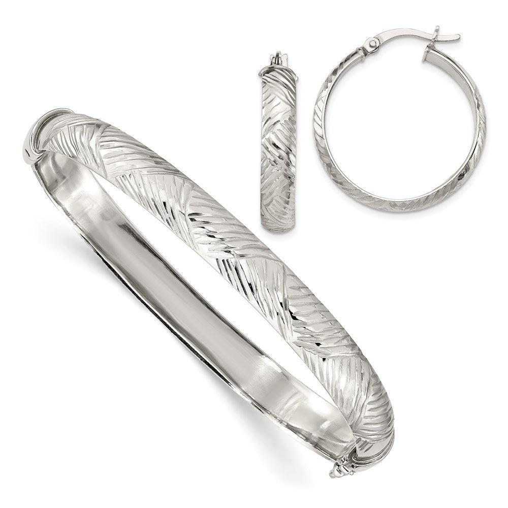 Sterlingsilber Diamantiert 7.5mm Armreif und 5mm Creole Ohrring Set