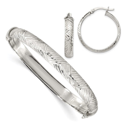 Sterlingsilber Diamantiert 7.5mm Armreif und 5mm Creole Ohrring Set