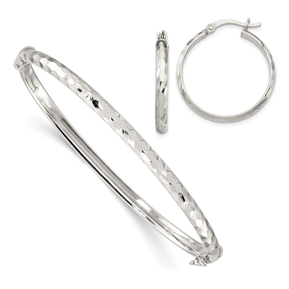Sterlingsilber Diamantiert 4mm Armreif und 3mm Creole Ohrring Set