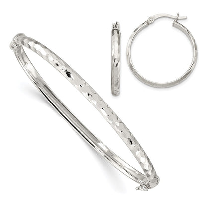 Sterlingsilber Diamantiert 4mm Armreif und 3mm Creole Ohrring Set