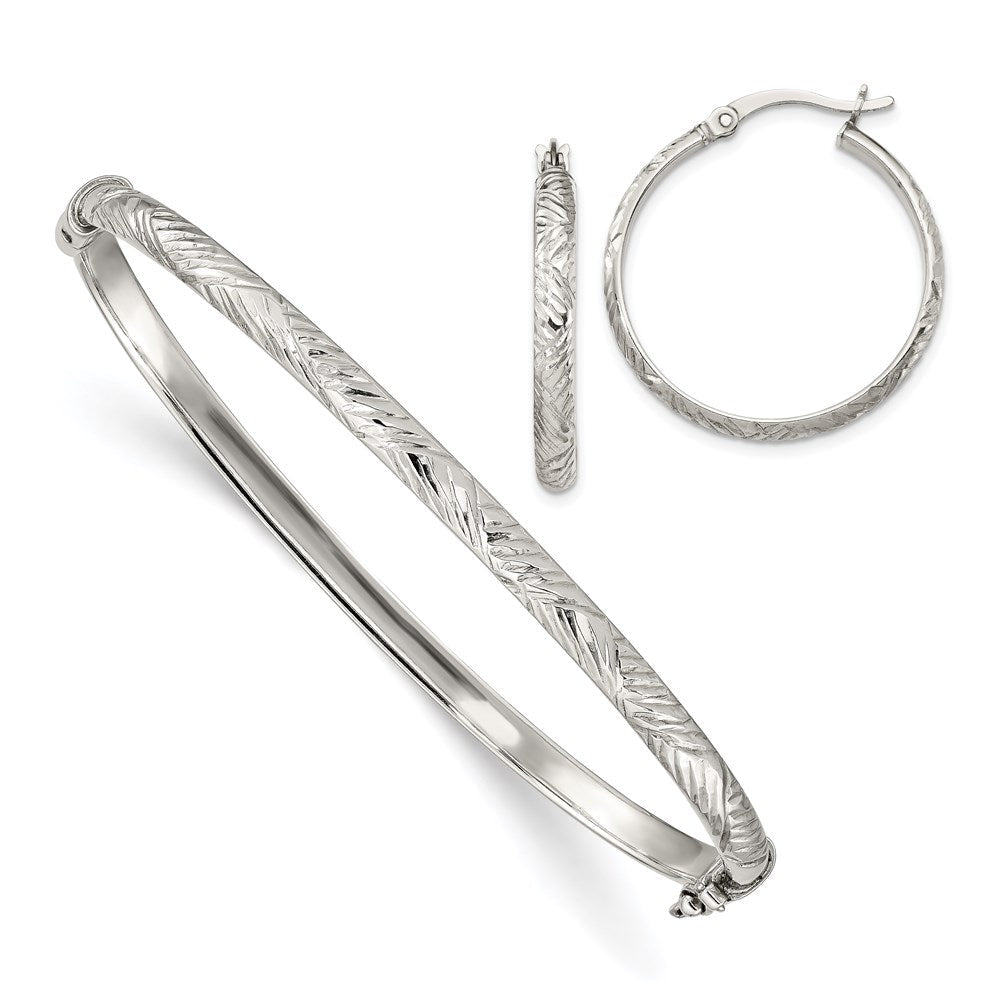 Sterlingsilber Diamantiert 4mm Armreif und 3mm Creole Ohrring Set