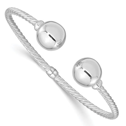 Sterlingsilber Rhodiniert Gedreht & Gekugelt End Klappbar Manschette Armreif