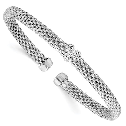 Sterlingsilber Rhodiniert Poliert Zirkonia Herz Netz Manschette Armreif