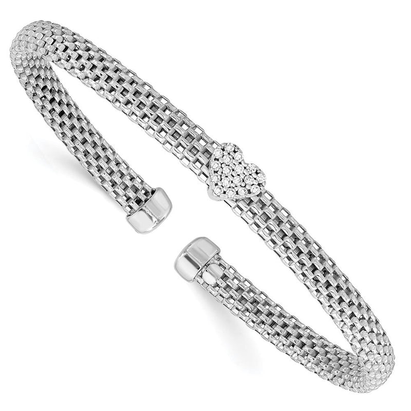 Sterlingsilber Rhodiniert Poliert Zirkonia Herz Netz Manschette Armreif