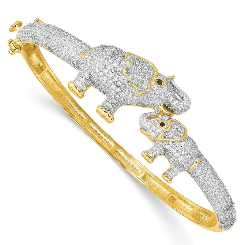 Sterlingsilber Rhodiniert Goldfarben Mama und Baby Zirkonia Elephants Klappbar Armreif