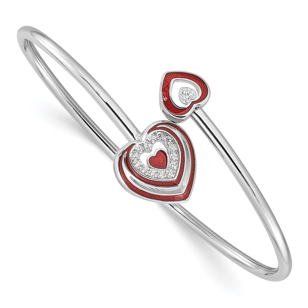 Sterlingsilber Rhodiniert Zirkonia Rot Emaille Herz Flexibel Manschette Armreif Armband
