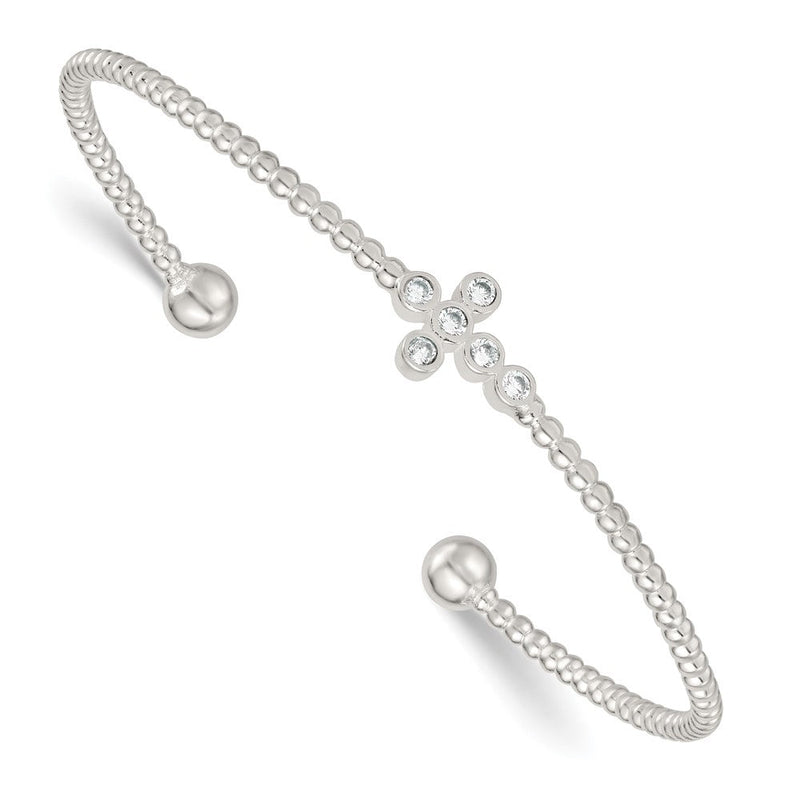 Sterlingsilber Poliert und Gekugelt Zirkonia Kreuz Manschette Armreif