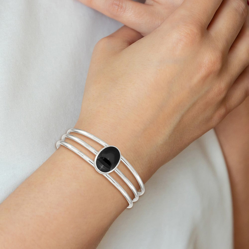 Sterlingsilber Synthetisch Onyx Drei Strang Manschette Armreif Armband
