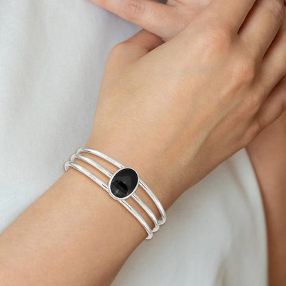 Sterlingsilber Synthetisch Onyx Drei Strang Manschette Armreif Armband