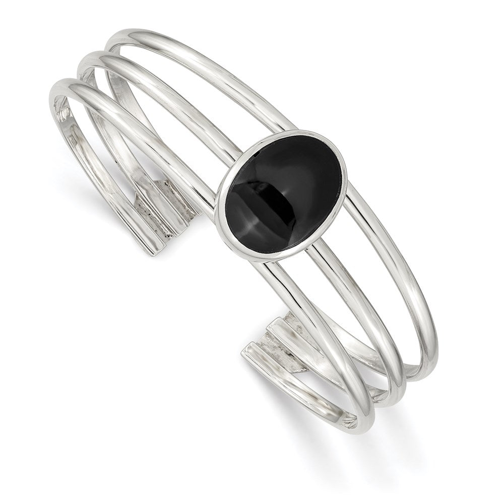 Sterlingsilber Synthetisch Onyx Drei Strang Manschette Armreif Armband