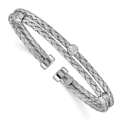 Sterlingsilber Poliert Rhodiniert Doppelt Strang Zirkonia Manschette Armreif