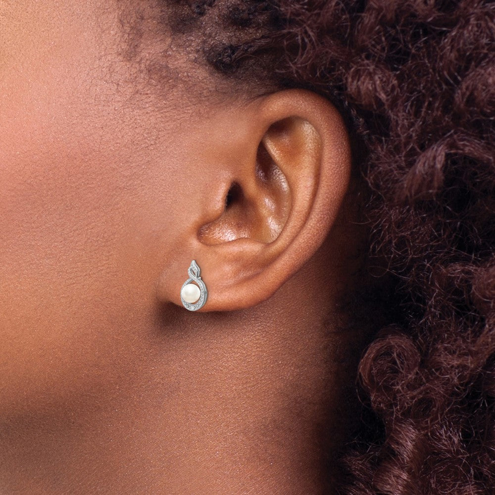 Sterlingsilber Rhodiniert Fw Zuchtperle & Diamant. Ohrringe