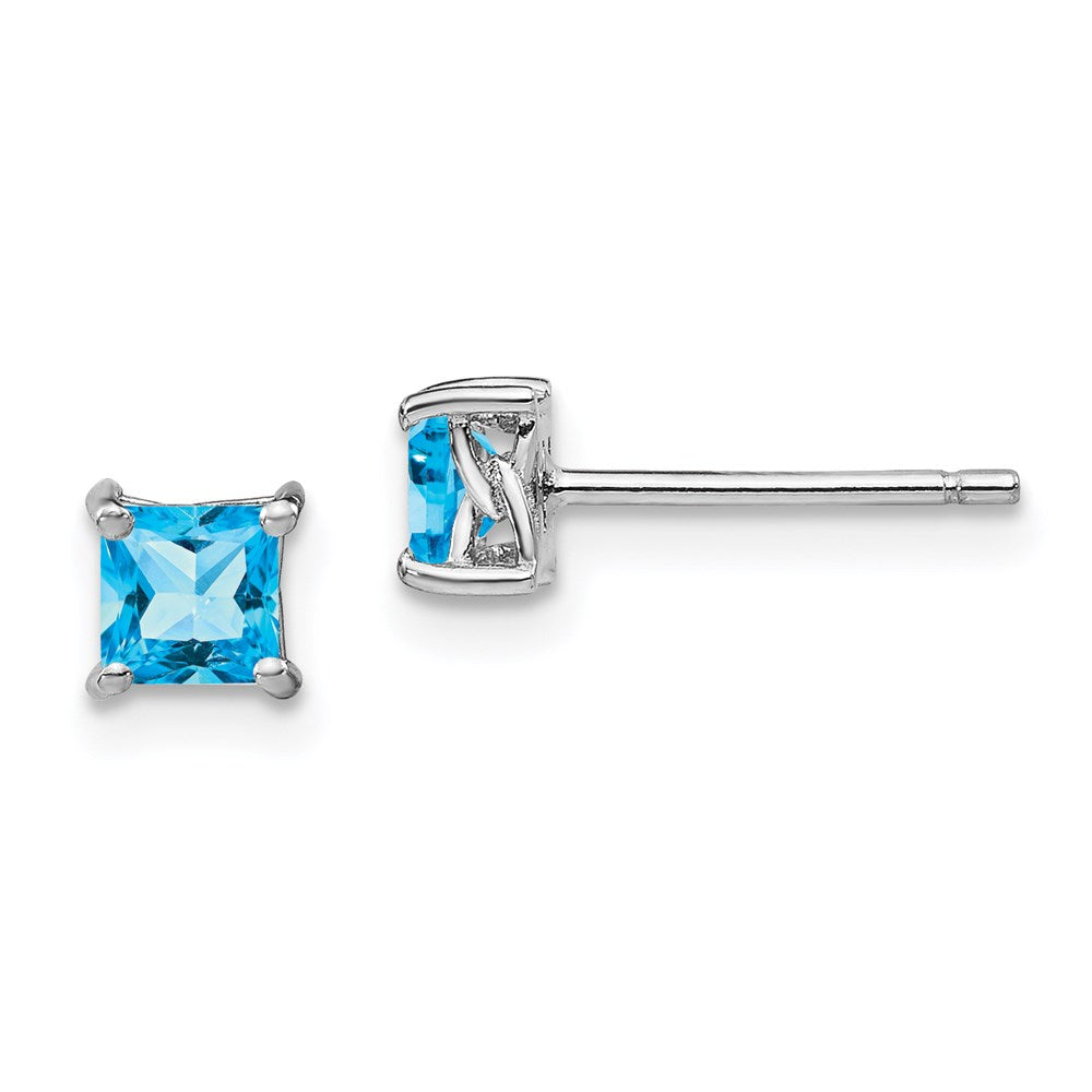 Sterlingsilber Rhodiniert 4mm Princess Schweizer Blautopas Ohrstecker