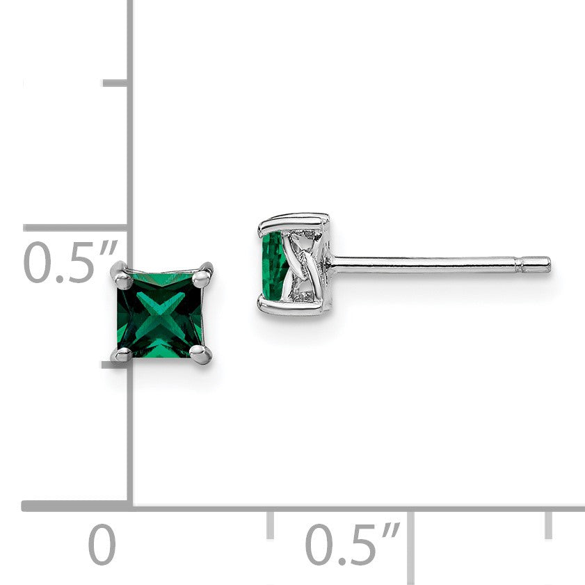 Sterlingsilber Rhodiniert 4mm Princess Erzeugt Smaragd Ohrstecker