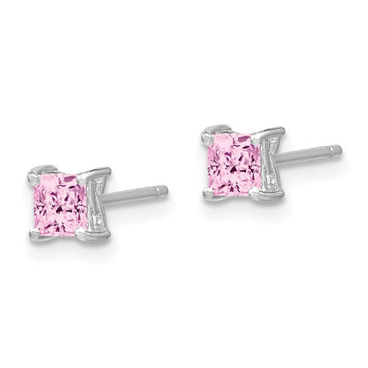 Sterlingsilber Rhodiniert 4mm Princess Cr. Rosa Saphir Ohrstecker