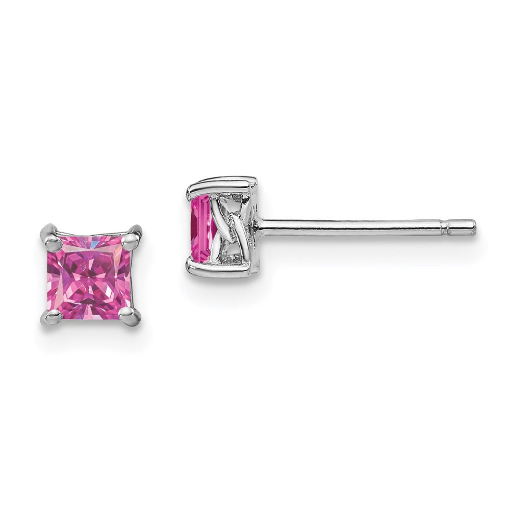 Sterlingsilber Rhodiniert 4mm Princess Cr. Rosa Saphir Ohrstecker