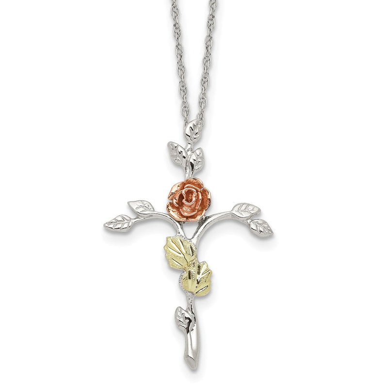 Sterlingsilber Landstrom Mt. Rushmore Schwarz Hills 12K Gold Akzente Blumen Kreuz 18 Zoll Federring Verschluss Halskette