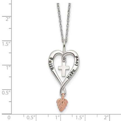 Sterlingsilber Landstrom Mt. Rushmore Schwarz Hills 12K Gold Akzente Antikisiert Glaube Hoffnung Liebe Herz mit Kreuz und Blatt Hängend 18 Zoll Federring Verschluss Halskette