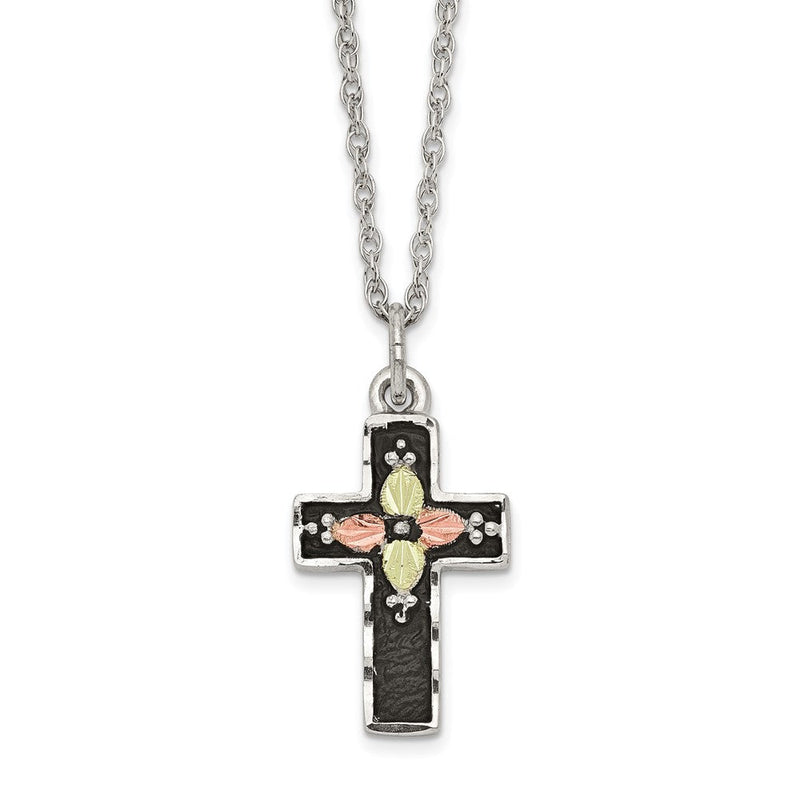 Sterlingsilber Landstrom Mt. Rushmore Schwarz Hills 12K Gold Akzente Antikisiert Kreuz 18 Zoll Federring Verschluss Halskette