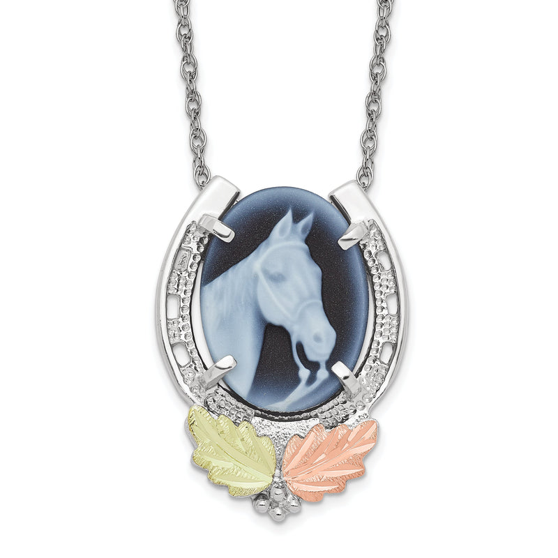 Sterlingsilber Landstrom Mt. Rushmore Schwarz Hills 12K Gold Akzente Hufeisen mit Pferd Kopf Blau Cameo 18 Zoll Federring Verschluss Halskette