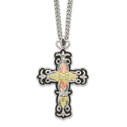 Sterlingsilber Landstrom Mt. Rushmore Schwarz Hills 12K Gold Akzente Antikisiert Kreuz 18 Zoll Federring Verschluss Halskette