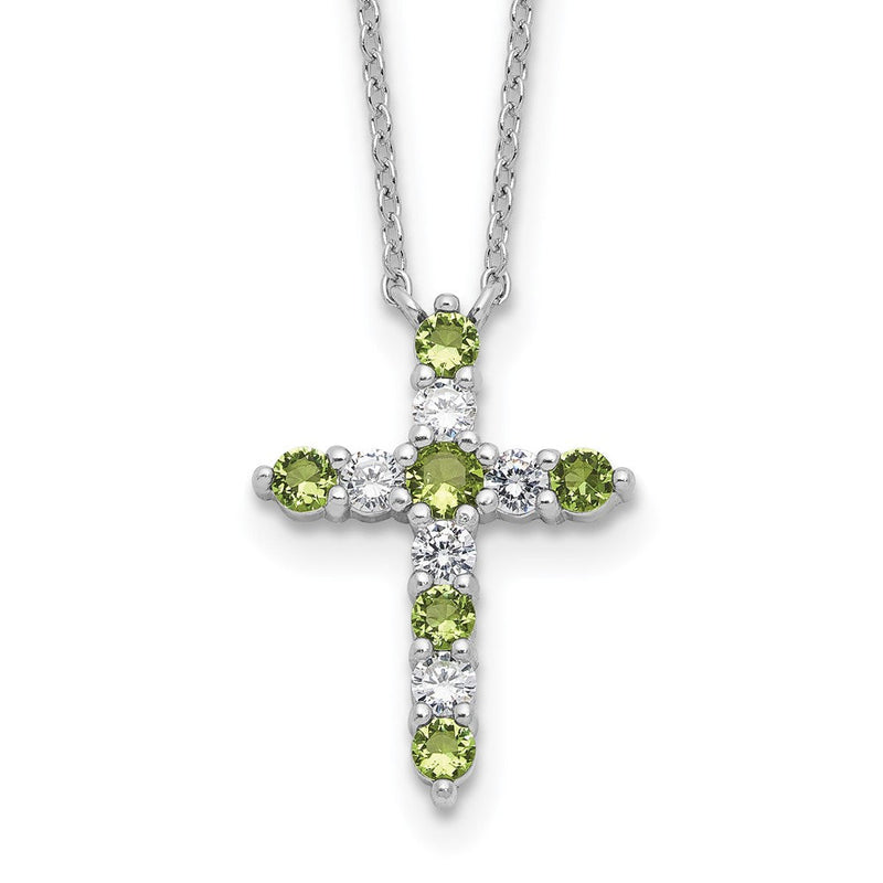 Sterlingsilber Rhodiniert Grün Zirkonia August Geburtsstein Kreuz mit 2 Zoll Verlängerung Halskette