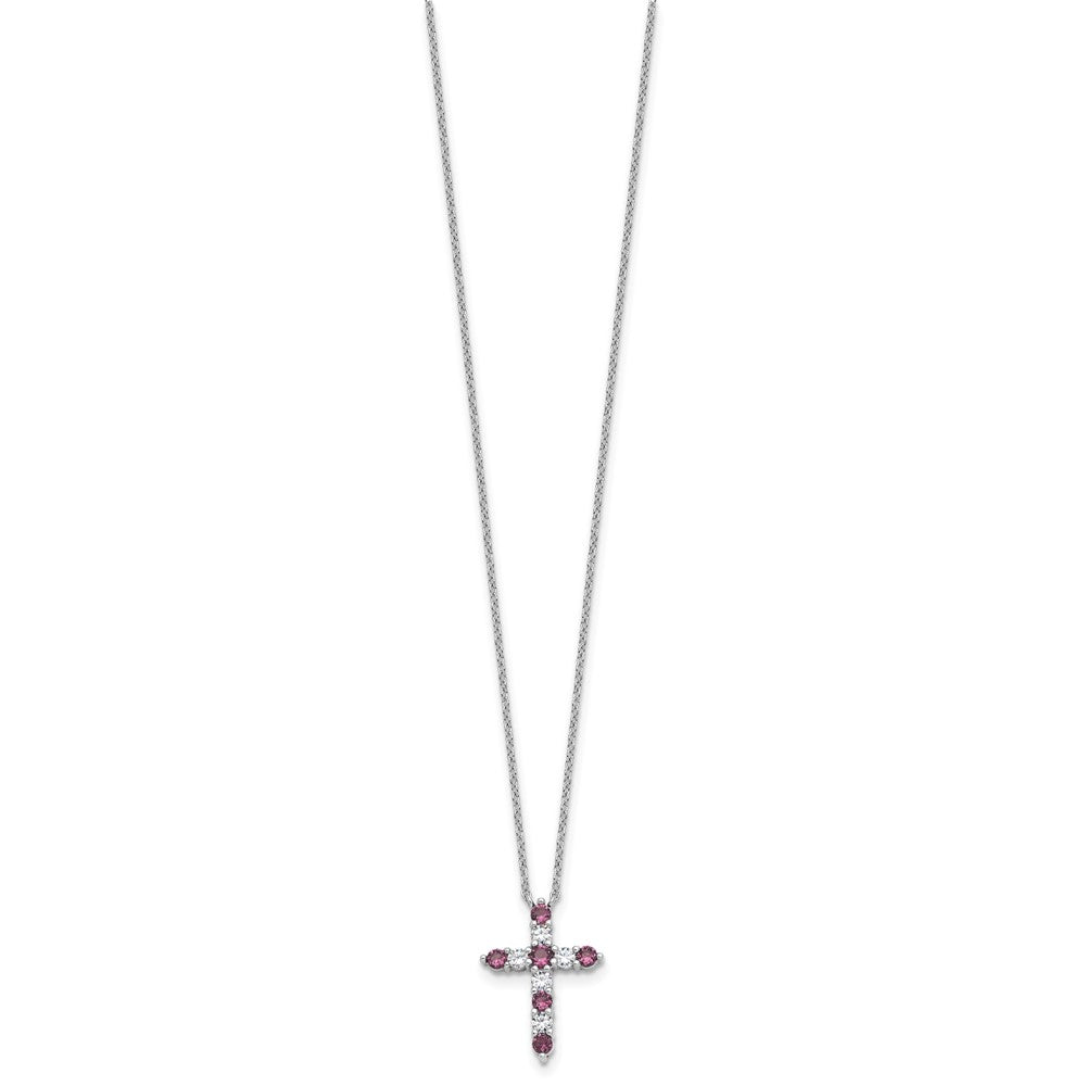 Sterlingsilber Rhodiniert Lila Zirkonia February Geburtsstein Kreuz mit 2 Zoll Verlängerung Halskette