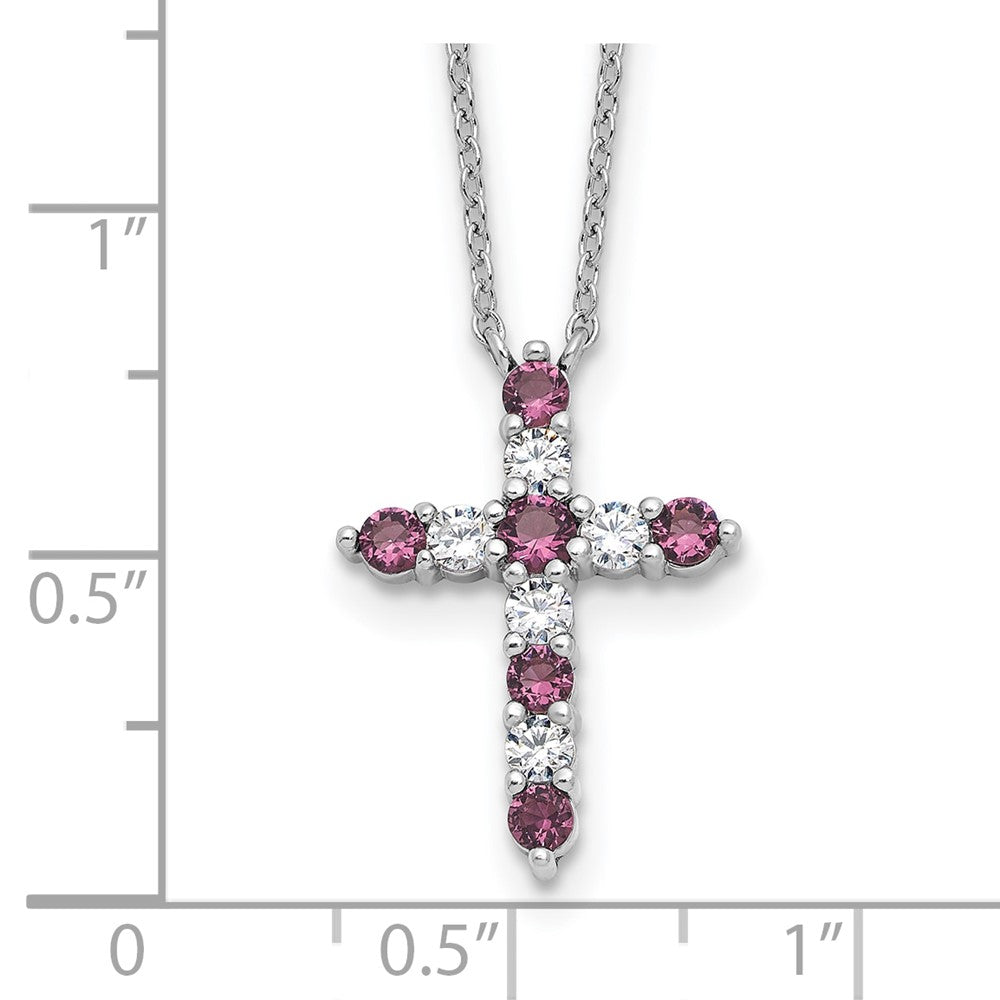 Sterlingsilber Rhodiniert Lila Zirkonia February Geburtsstein Kreuz mit 2 Zoll Verlängerung Halskette