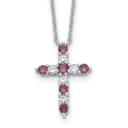 Sterlingsilber Rhodiniert Lila Zirkonia February Geburtsstein Kreuz mit 2 Zoll Verlängerung Halskette