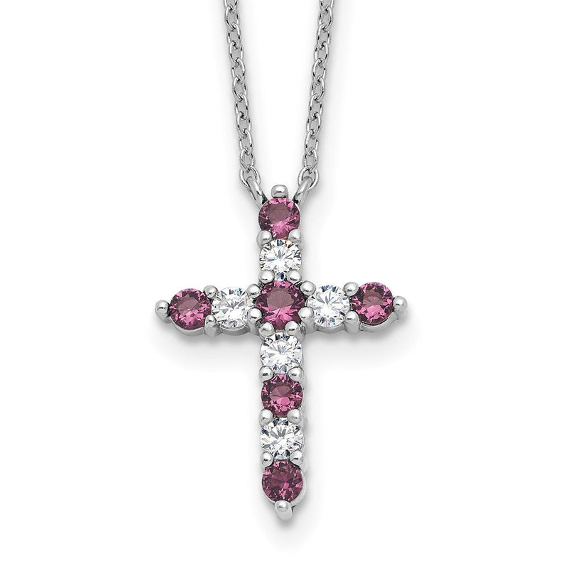 Sterlingsilber Rhodiniert Lila Zirkonia February Geburtsstein Kreuz mit 2 Zoll Verlängerung Halskette