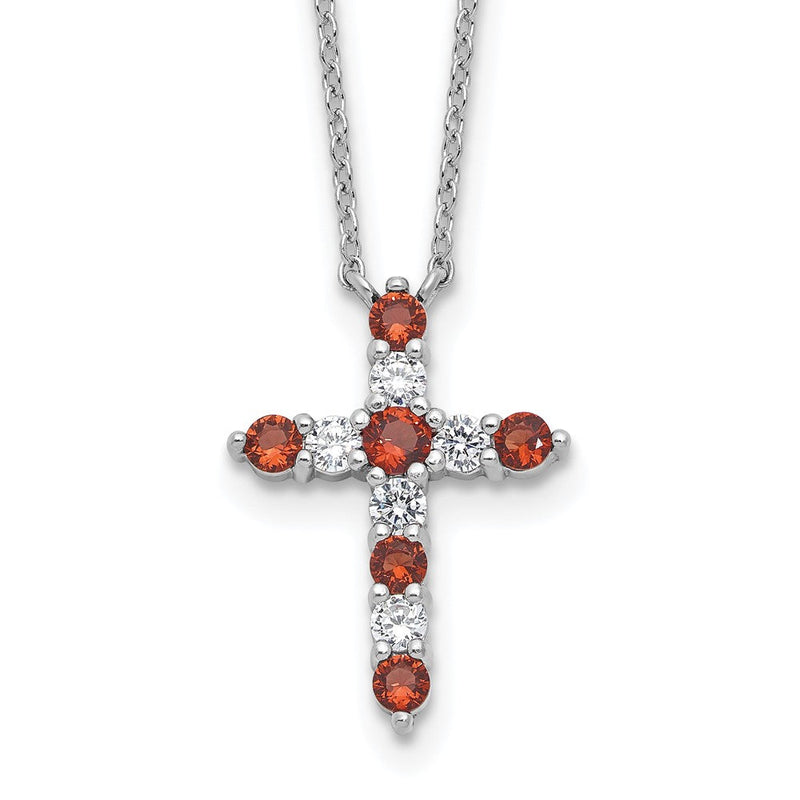 Sterlingsilber Rhodiniert Rot Zirkonia January Geburtsstein Kreuz mit 2 Zoll Verlängerung Halskette