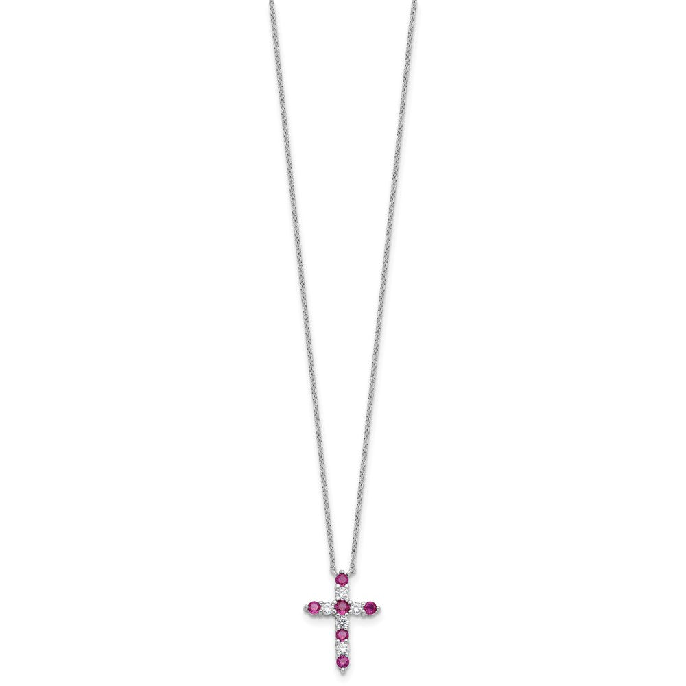 Sterlingsilber Rhodiniert Dunkel Rosa Zirkonia July Geburtsstein Kreuz mit 2 Zoll Verlängerung Halskette
