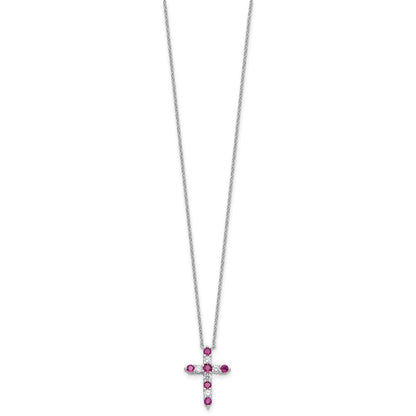 Sterlingsilber Rhodiniert Dunkel Rosa Zirkonia July Geburtsstein Kreuz mit 2 Zoll Verlängerung Halskette