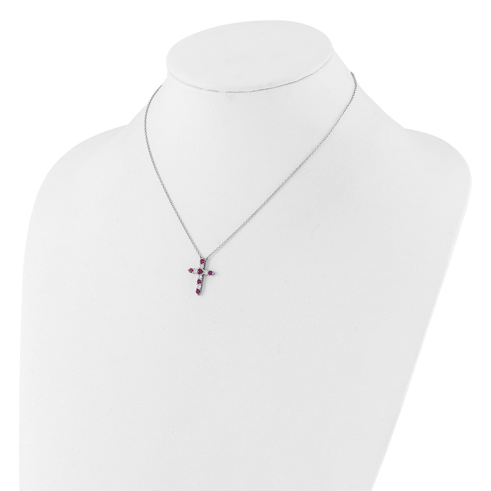 Sterlingsilber Rhodiniert Dunkel Rosa Zirkonia July Geburtsstein Kreuz mit 2 Zoll Verlängerung Halskette