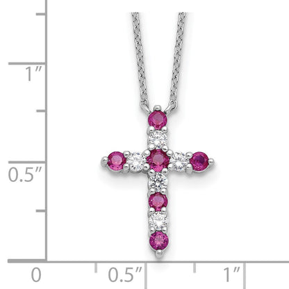 Sterlingsilber Rhodiniert Dunkel Rosa Zirkonia July Geburtsstein Kreuz mit 2 Zoll Verlängerung Halskette