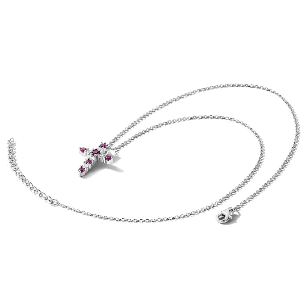 Sterlingsilber Rhodiniert Dunkel Rosa Zirkonia July Geburtsstein Kreuz mit 2 Zoll Verlängerung Halskette