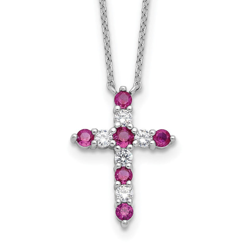 Sterlingsilber Rhodiniert Dunkel Rosa Zirkonia July Geburtsstein Kreuz mit 2 Zoll Verlängerung Halskette