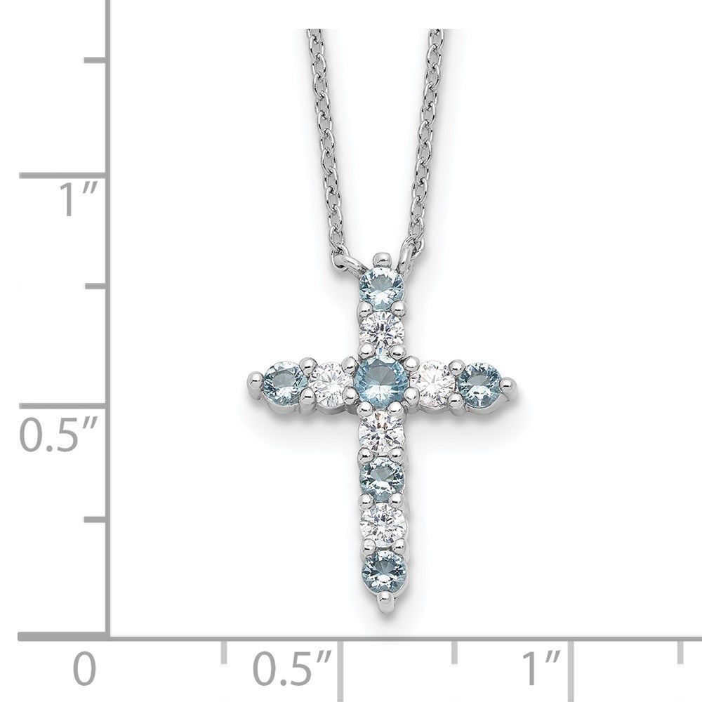 Sterlingsilber Rhodiniert Lt Blau Zirkonia March Geburtsstein Kreuz mit 2 Zoll Verlängerung Halskette