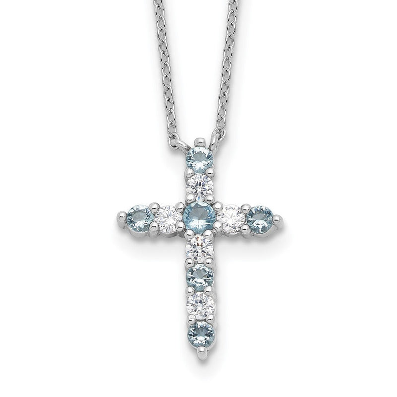 Sterlingsilber Rhodiniert Lt Blau Zirkonia March Geburtsstein Kreuz mit 2 Zoll Verlängerung Halskette