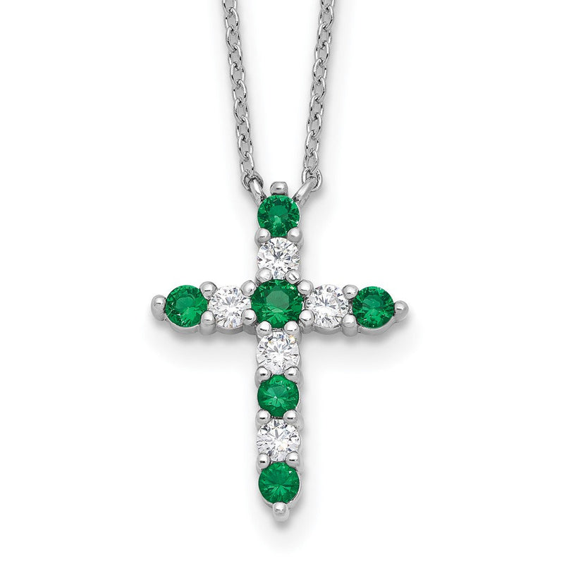 Sterlingsilber Rhodiniert Grün Zirkonia May Geburtsstein Kreuz mit 2 Zoll Verlängerung Halskette