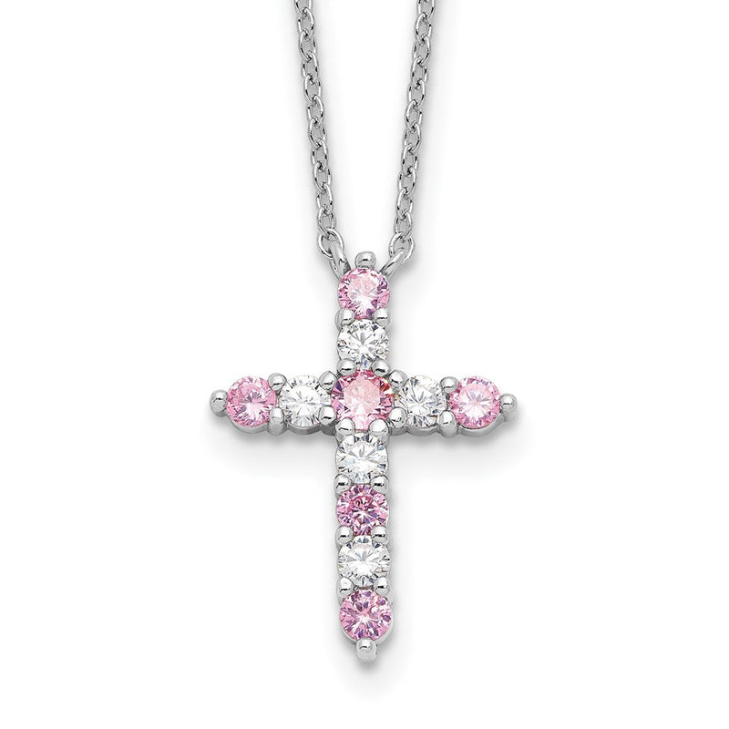 Sterlingsilber Rhodiniert Rosa Zirkonia October Geburtsstein Kreuz mit 2 Zoll Verlängerung Halskette