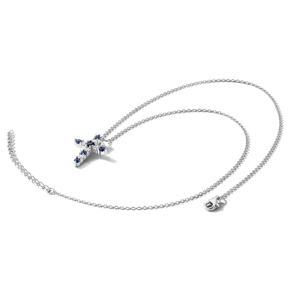 Sterlingsilber Rhodiniert Dunkel Blau Zirkonia Sept Geburtsstein Kreuz mit 2 Zoll Verlängerung Halskette