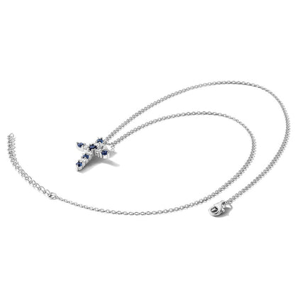Sterlingsilber Rhodiniert Dunkel Blau Zirkonia Sept Geburtsstein Kreuz mit 2 Zoll Verlängerung Halskette