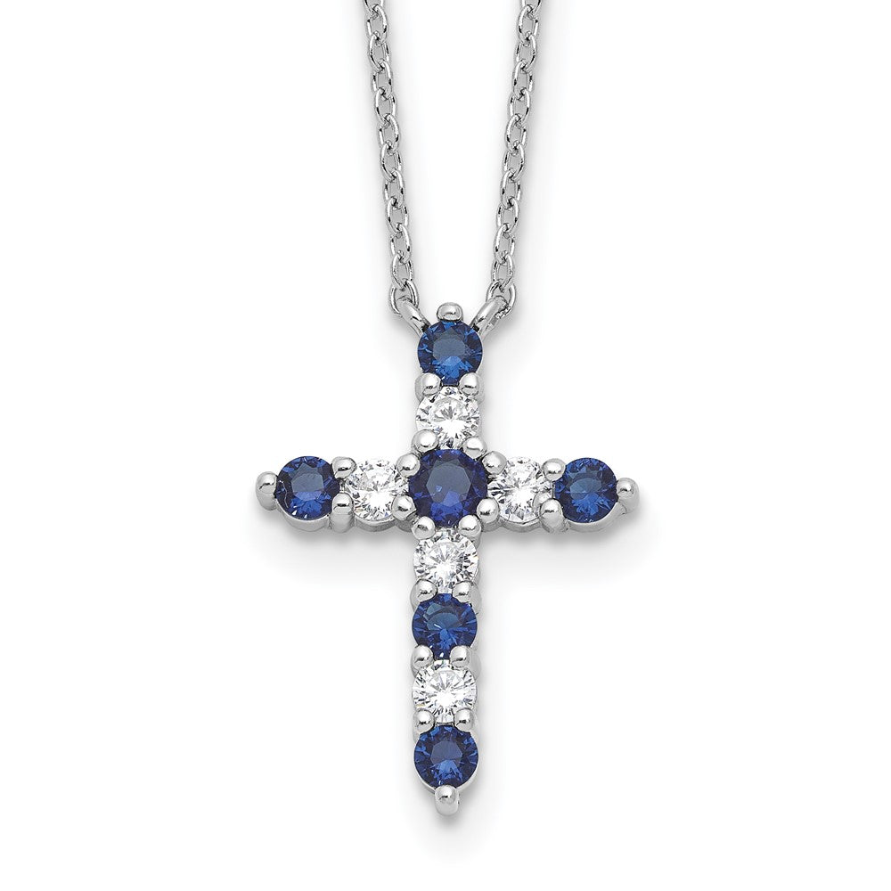 Sterlingsilber Rhodiniert Dunkel Blau Zirkonia Sept Geburtsstein Kreuz mit 2 Zoll Verlängerung Halskette