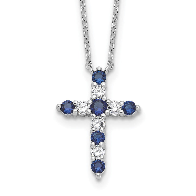 Sterlingsilber Rhodiniert Dunkel Blau Zirkonia Sept Geburtsstein Kreuz mit 2 Zoll Verlängerung Halskette