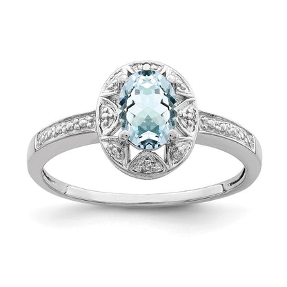 Sterlingsilber Rhodiniert Diamant. & Aquamarin Ring